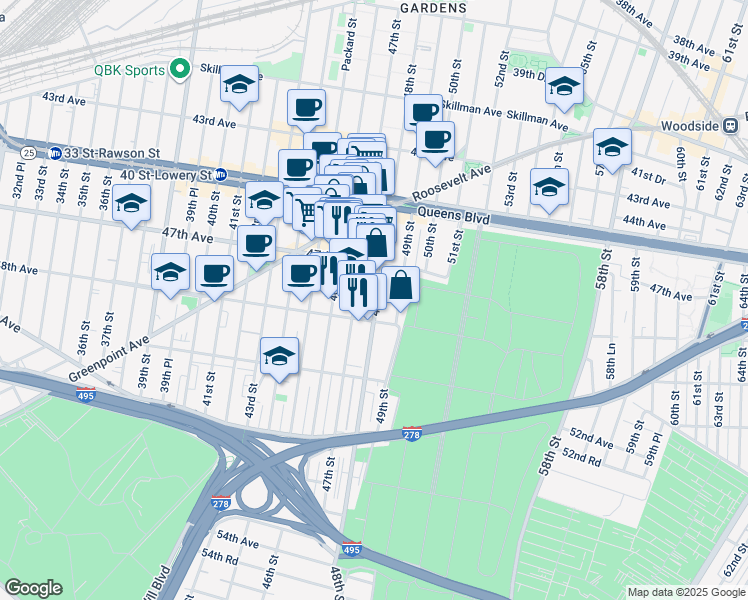 map of restaurants, bars, coffee shops, grocery stores, and more near 47-25 48th Street in Queens