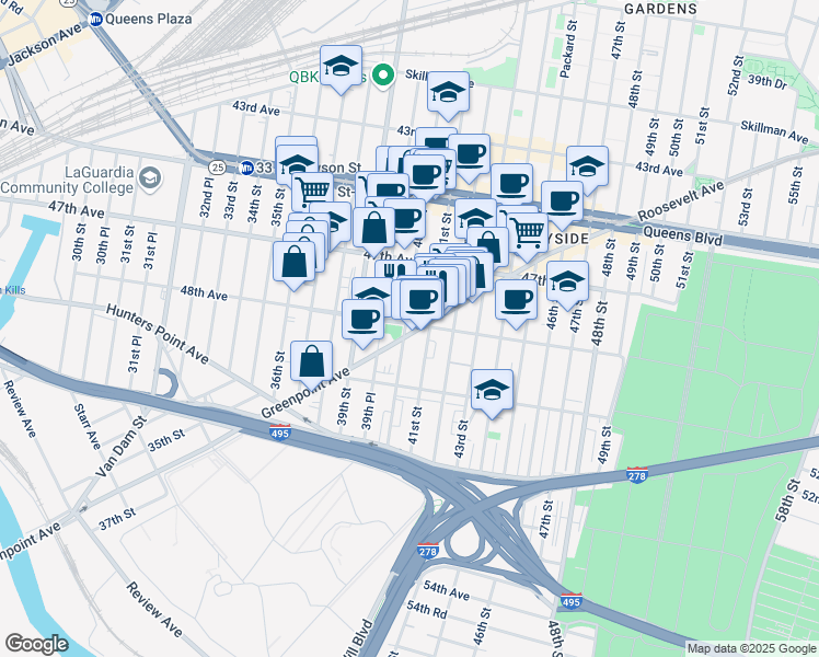 map of restaurants, bars, coffee shops, grocery stores, and more near 40-15 48th Avenue in Queens