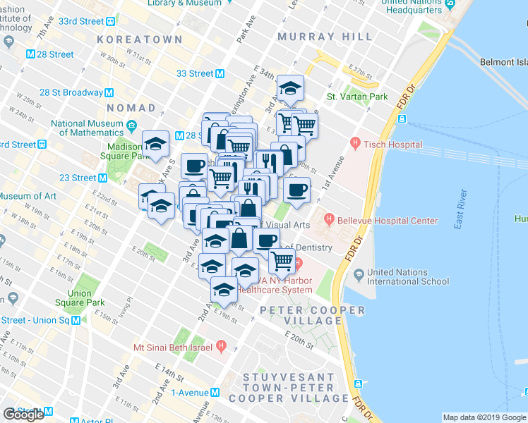 map of restaurants, bars, coffee shops, grocery stores, and more near in New York