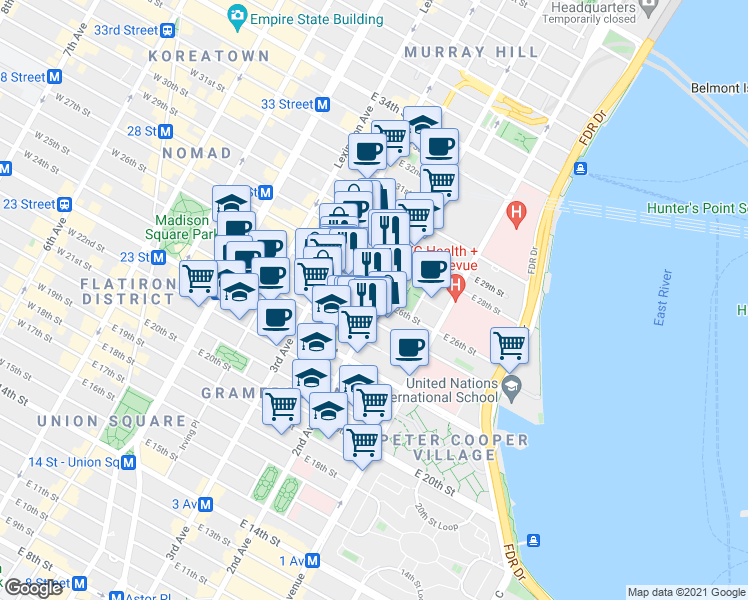 map of restaurants, bars, coffee shops, grocery stores, and more near 123 5th Avenue in New York