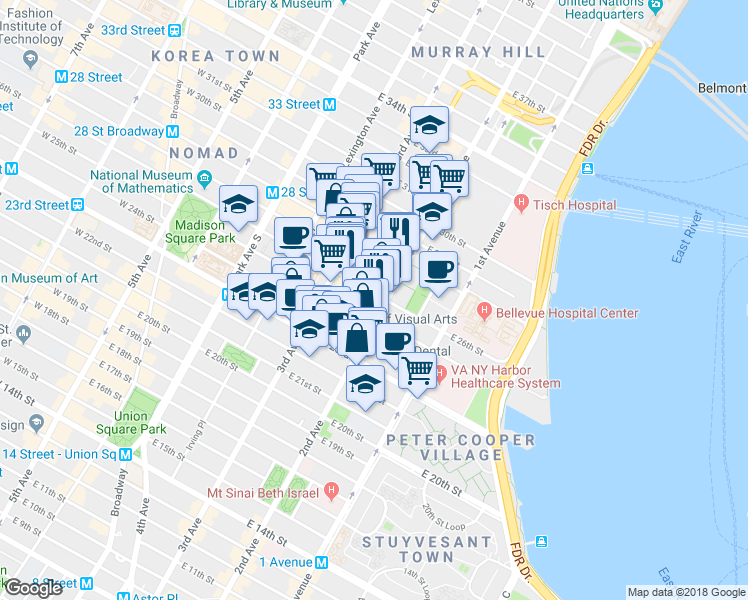 map of restaurants, bars, coffee shops, grocery stores, and more near in New York