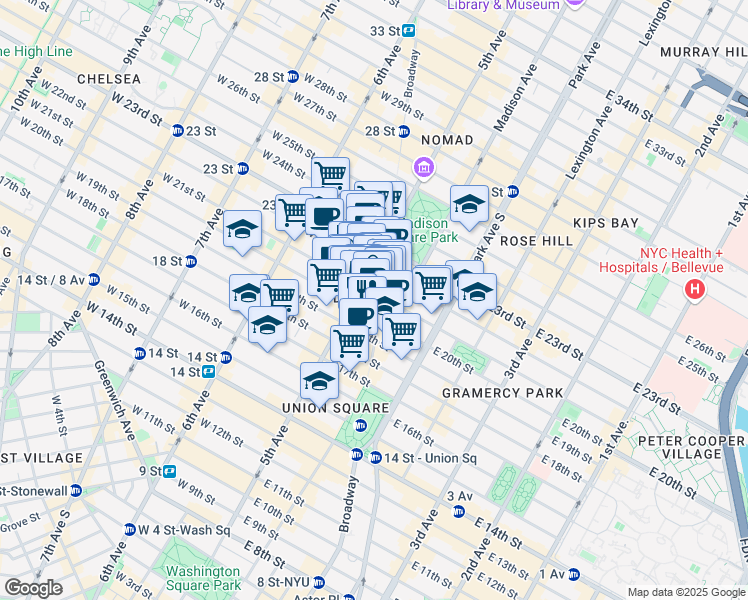 map of restaurants, bars, coffee shops, grocery stores, and more near 135 5th Avenue in New York