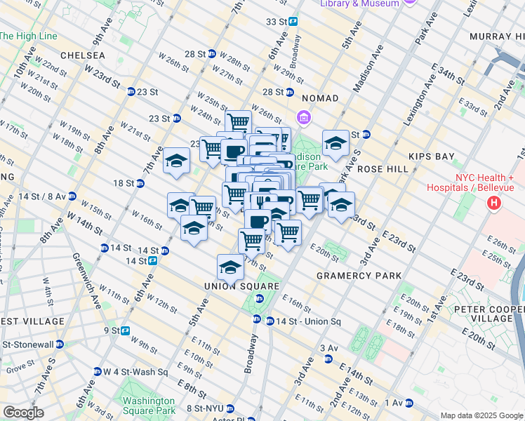 map of restaurants, bars, coffee shops, grocery stores, and more near 135 5th Avenue in New York