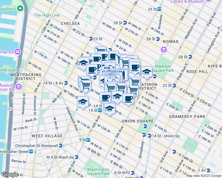 map of restaurants, bars, coffee shops, grocery stores, and more near in New York