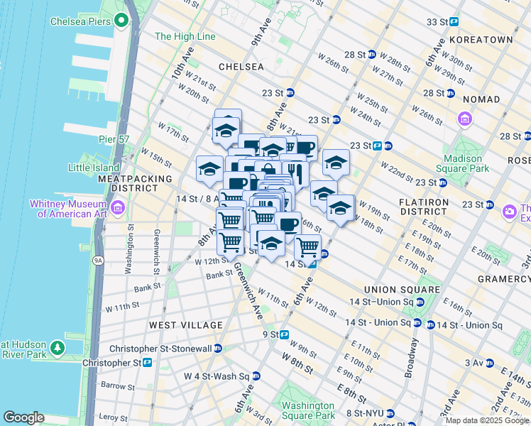 map of restaurants, bars, coffee shops, grocery stores, and more near in New York