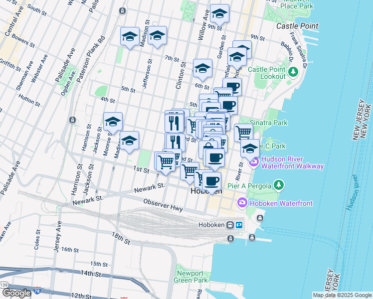 map of restaurants, bars, coffee shops, grocery stores, and more near 223 Park Avenue in Hoboken