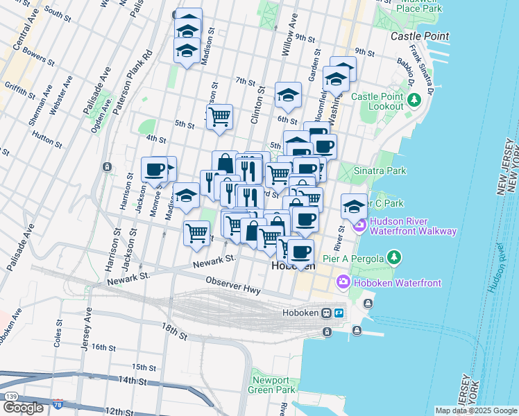 map of restaurants, bars, coffee shops, grocery stores, and more near 309 2nd Street in Hoboken