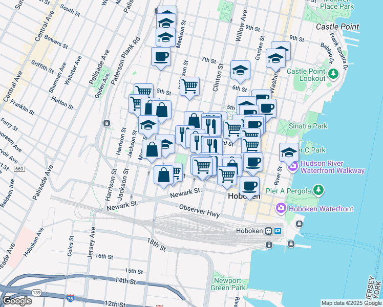 map of restaurants, bars, coffee shops, grocery stores, and more near in Hoboken