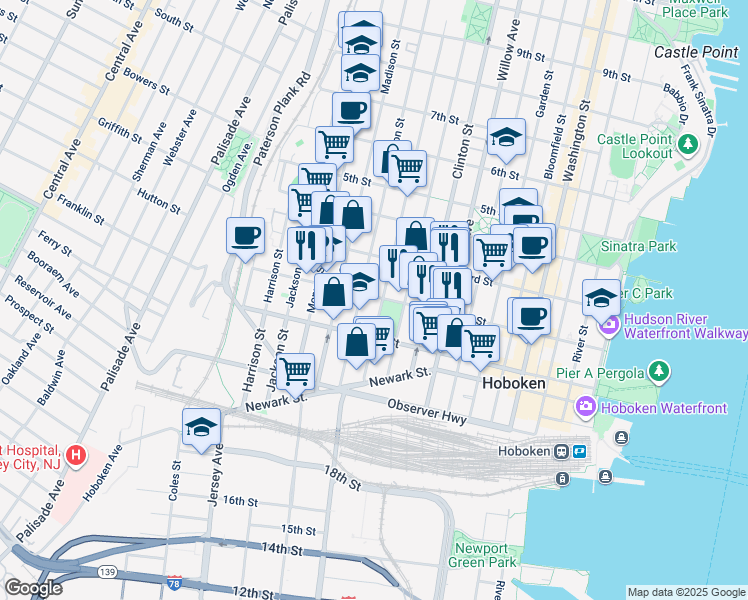 map of restaurants, bars, coffee shops, grocery stores, and more near 450 2nd Street in Hoboken