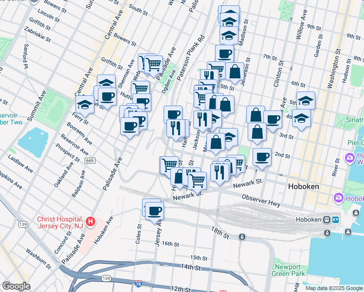 map of restaurants, bars, coffee shops, grocery stores, and more near 117 Harrison Street in Hoboken
