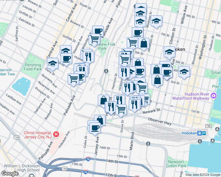 map of restaurants, bars, coffee shops, grocery stores, and more near 117 Harrison Street in Hoboken