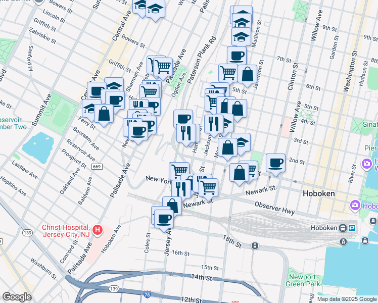 map of restaurants, bars, coffee shops, grocery stores, and more near 102 Marshall Street in Hoboken
