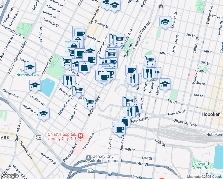 map of restaurants, bars, coffee shops, grocery stores, and more near 161 Ogden Avenue in Jersey City