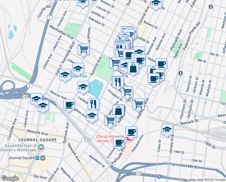 map of restaurants, bars, coffee shops, grocery stores, and more near 91 Reservoir Avenue in Jersey City