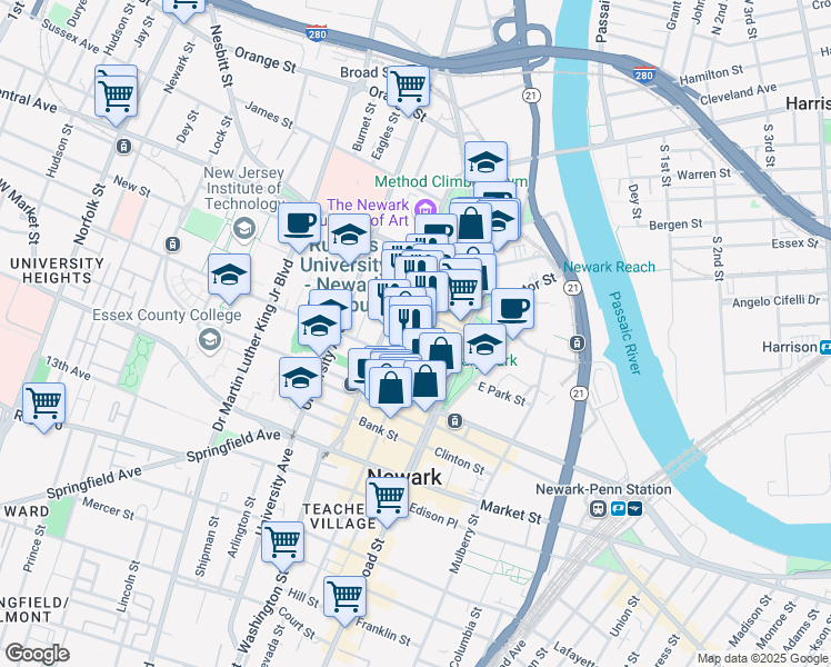 map of restaurants, bars, coffee shops, grocery stores, and more near 71 Halsey Street in Newark