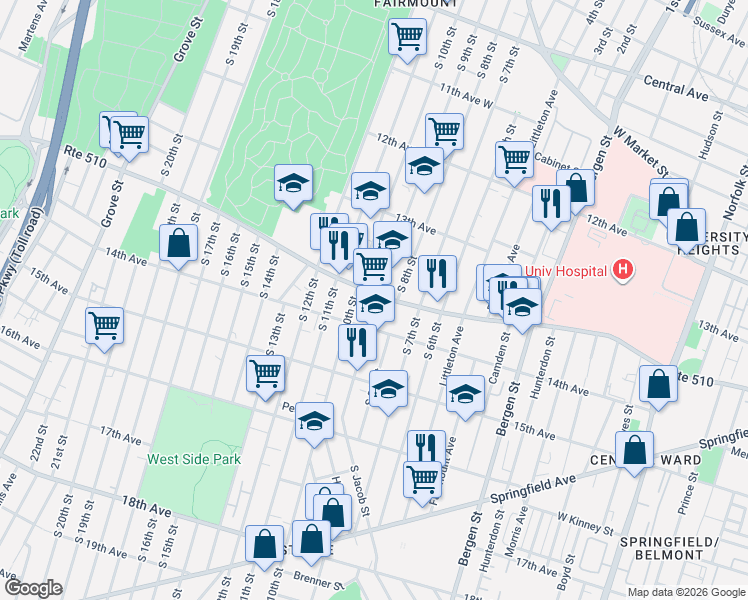 map of restaurants, bars, coffee shops, grocery stores, and more near in Newark