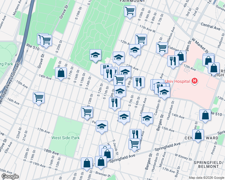 map of restaurants, bars, coffee shops, grocery stores, and more near in Newark