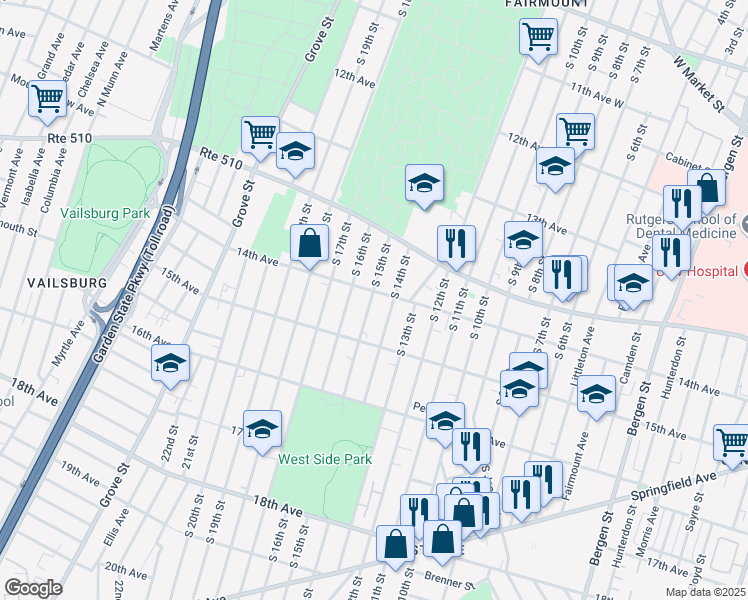 map of restaurants, bars, coffee shops, grocery stores, and more near 284 14th Avenue in Newark