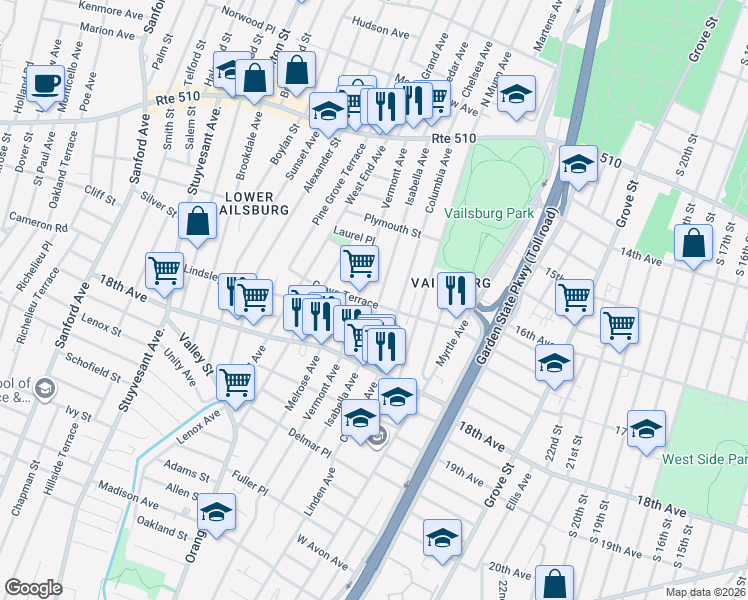 map of restaurants, bars, coffee shops, grocery stores, and more near 150 Isabella Avenue in Newark
