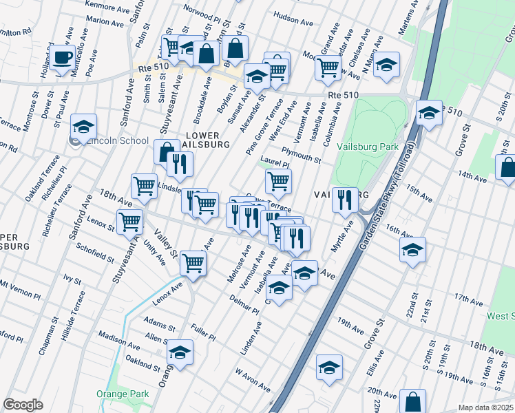 map of restaurants, bars, coffee shops, grocery stores, and more near 61 Carolina Avenue in Newark
