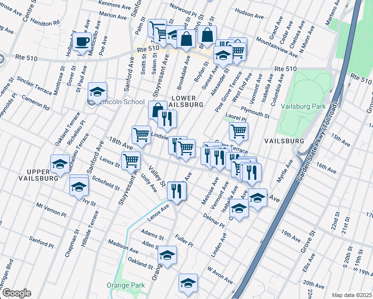 map of restaurants, bars, coffee shops, grocery stores, and more near 78 Lindsley Avenue in Newark