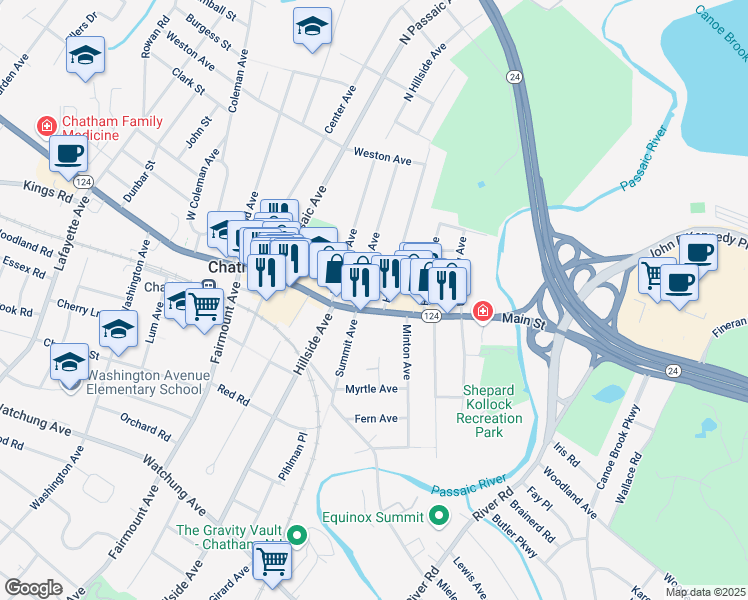 map of restaurants, bars, coffee shops, grocery stores, and more near 7 Hedges Avenue in Chatham