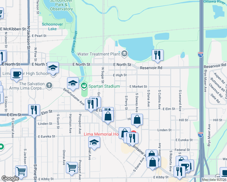 map of restaurants, bars, coffee shops, grocery stores, and more near 1016 East Market Street in Lima