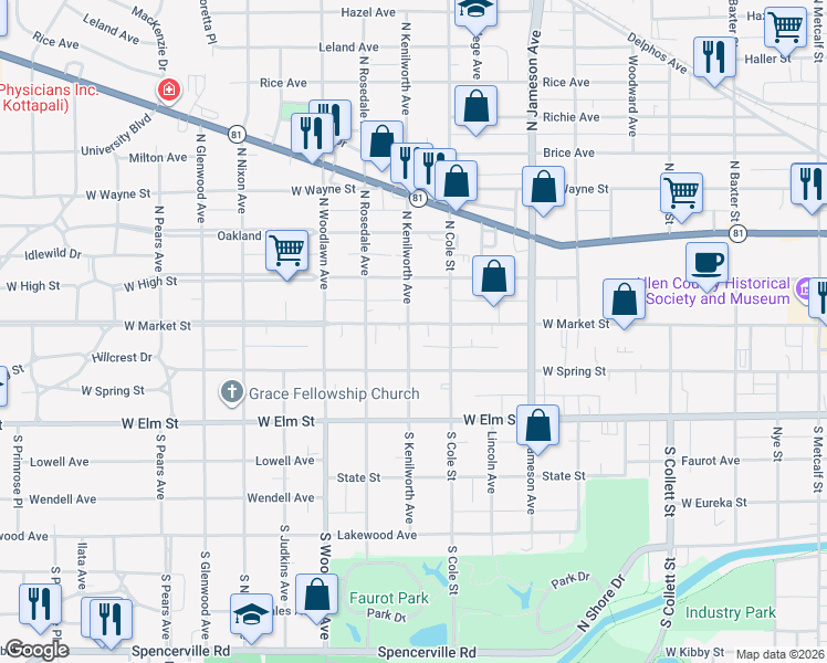 map of restaurants, bars, coffee shops, grocery stores, and more near 1159-1199 West Market Street in Lima