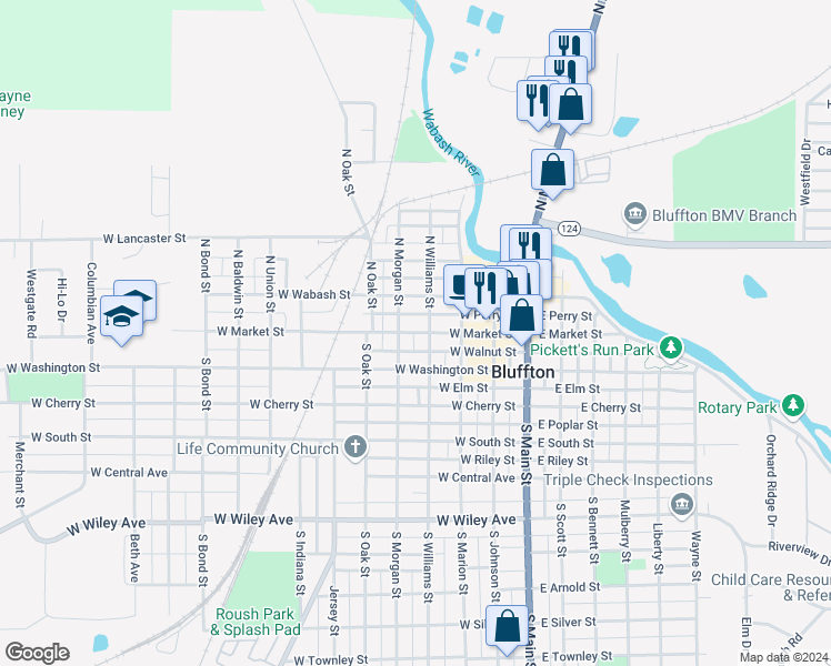 map of restaurants, bars, coffee shops, grocery stores, and more near 420 West Market Street in Bluffton