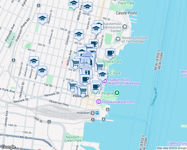 map of restaurants, bars, coffee shops, grocery stores, and more near Hudson St & 3rd St in Hoboken