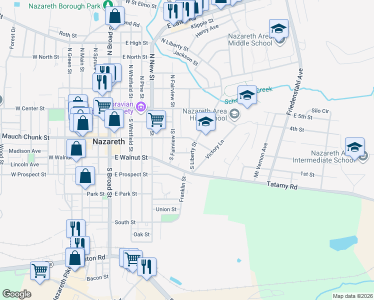 map of restaurants, bars, coffee shops, grocery stores, and more near 421 Bank Street in Nazareth