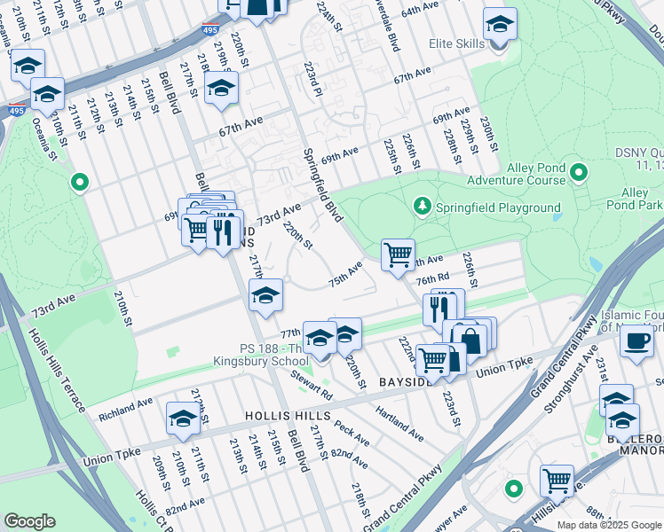 map of restaurants, bars, coffee shops, grocery stores, and more near 74-44 220th Street in Queens