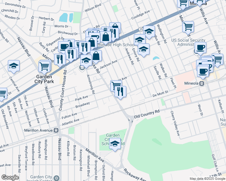 map of restaurants, bars, coffee shops, grocery stores, and more near 142 Herricks Road in Mineola