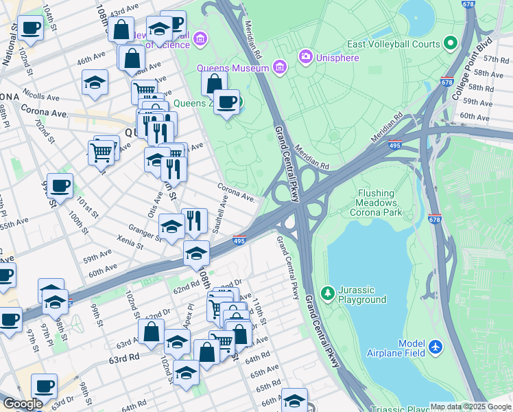 map of restaurants, bars, coffee shops, grocery stores, and more near 111-52 Corona Avenue in Queens