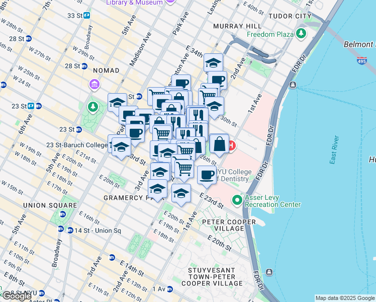 map of restaurants, bars, coffee shops, grocery stores, and more near in New York