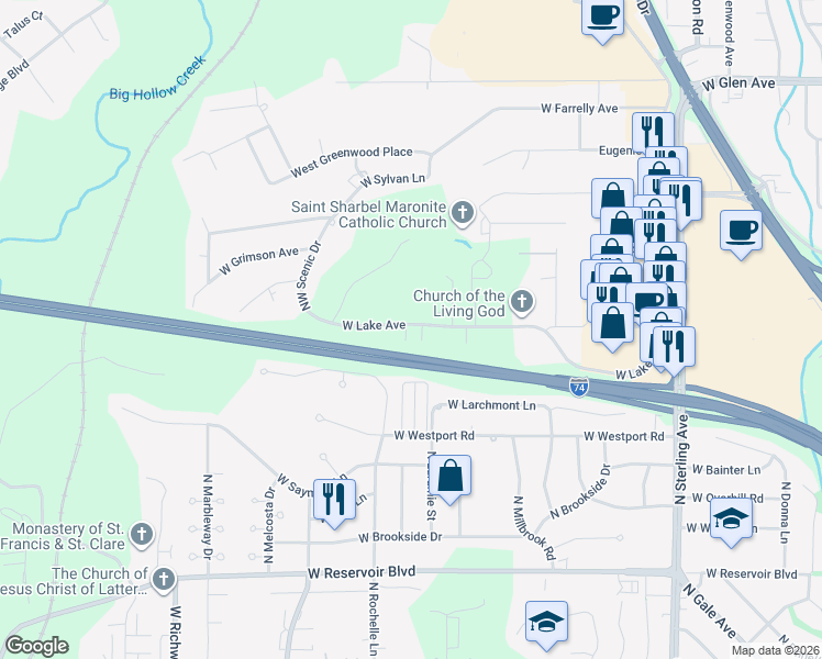 map of restaurants, bars, coffee shops, grocery stores, and more near 3112 West Lake Avenue in Peoria