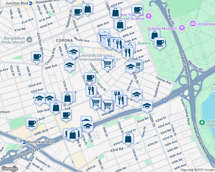 map of restaurants, bars, coffee shops, grocery stores, and more near 54-27 101st Street in Queens