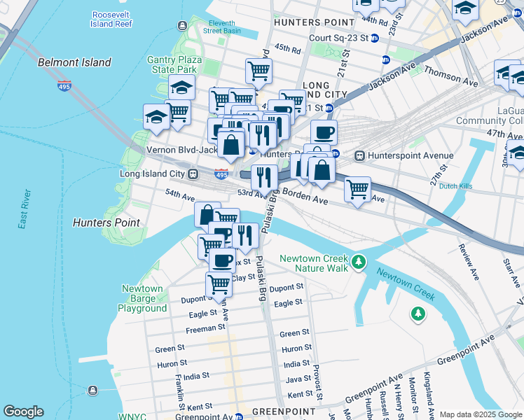 map of restaurants, bars, coffee shops, grocery stores, and more near 53-28 11th Street in Queens
