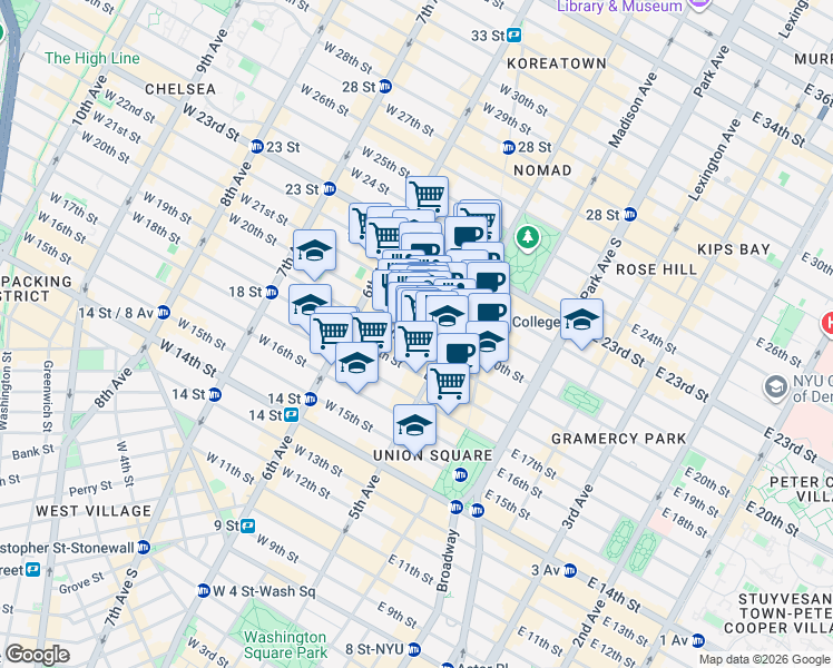 map of restaurants, bars, coffee shops, grocery stores, and more near 11 West 19th Street in New York
