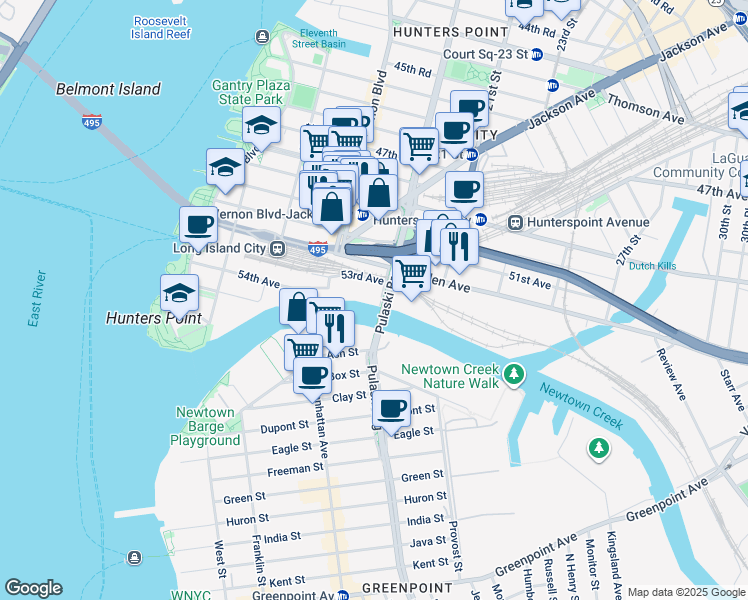 map of restaurants, bars, coffee shops, grocery stores, and more near 53-28 11th Street in Queens
