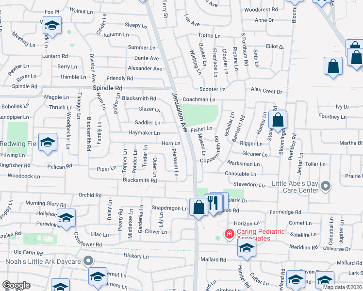 map of restaurants, bars, coffee shops, grocery stores, and more near 111 Blacksmith Road East in Levittown