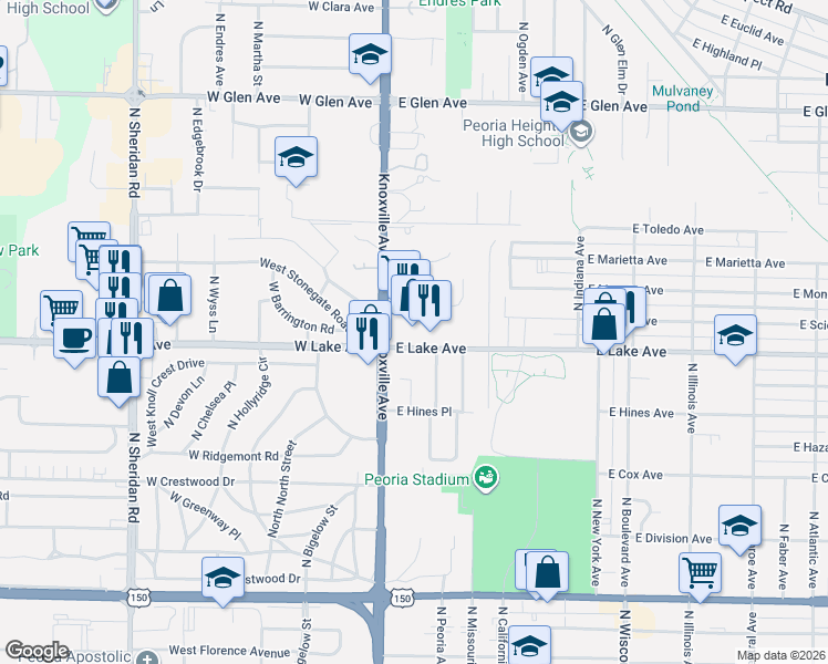 map of restaurants, bars, coffee shops, grocery stores, and more near 121 East Lake Avenue in Peoria