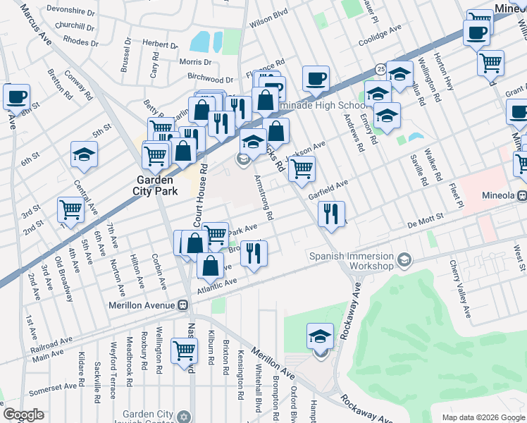 map of restaurants, bars, coffee shops, grocery stores, and more near 238 Bedford Avenue in New Hyde Park