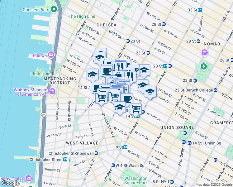 map of restaurants, bars, coffee shops, grocery stores, and more near in New York