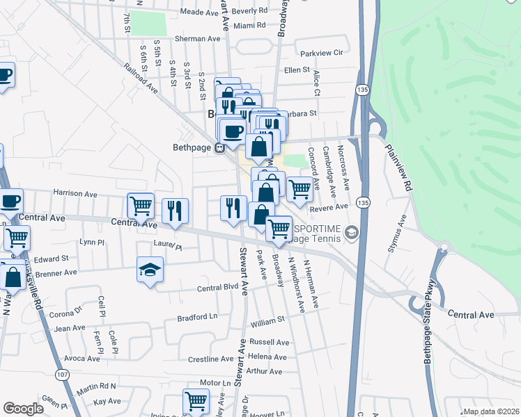 map of restaurants, bars, coffee shops, grocery stores, and more near 16 Baldwin Place in Bethpage