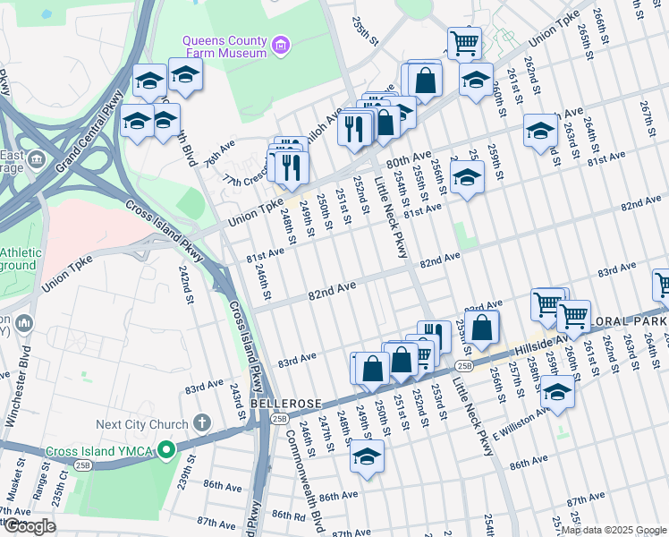 map of restaurants, bars, coffee shops, grocery stores, and more near 81-35 250th Street in Queens