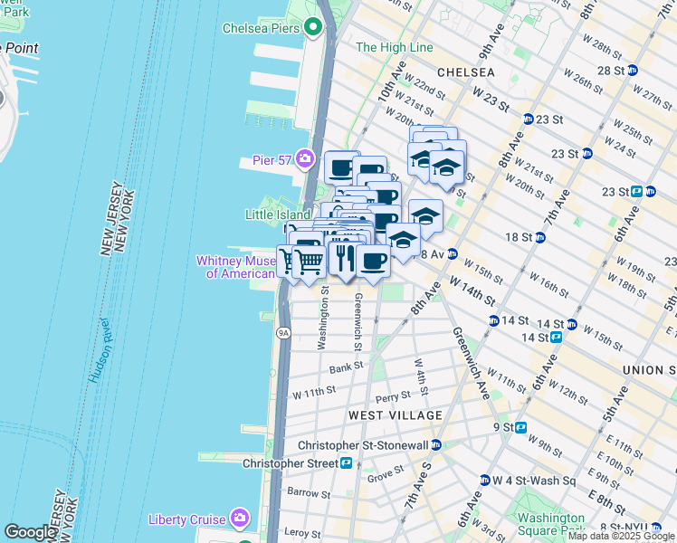 map of restaurants, bars, coffee shops, grocery stores, and more near 22 Little West 12th Street in New York