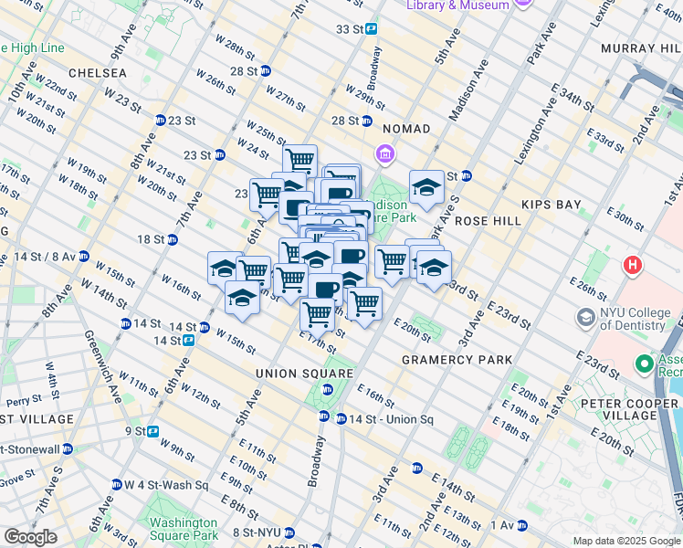 map of restaurants, bars, coffee shops, grocery stores, and more near 135 5th Avenue in New York