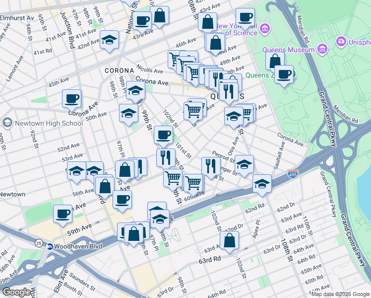 map of restaurants, bars, coffee shops, grocery stores, and more near 54-27 101st Street in Queens