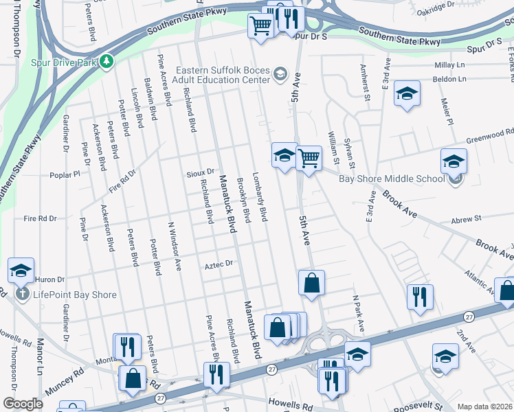 map of restaurants, bars, coffee shops, grocery stores, and more near 1386 Lombardy Boulevard in Bay Shore